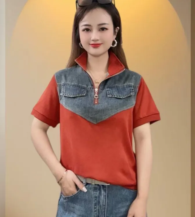 春夏季新品时尚短袖打底衫气质百搭显瘦休闲牛仔拼接T恤女士上衣