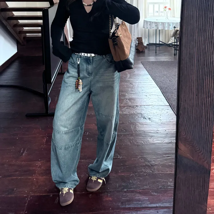 软软【解构弯刀裤】美式复古设计感时尚破缝水洗微喇牛仔裤