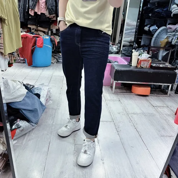 韩版超好穿松紧腰9分烟管弹力牛仔裤7547黄裤头