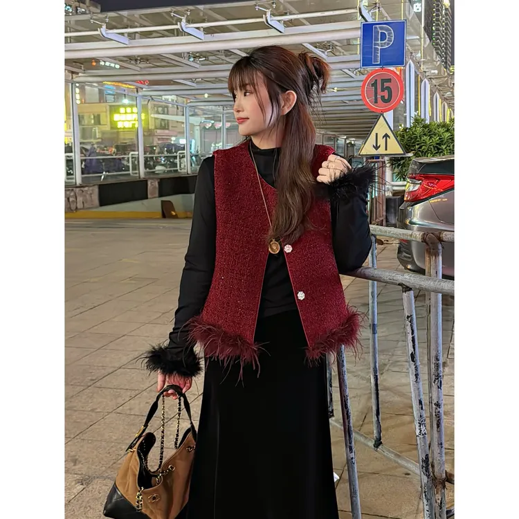 NS「微醺千金」ins新款小香风夹棉重工编织气质下摆毛毛马甲马夹