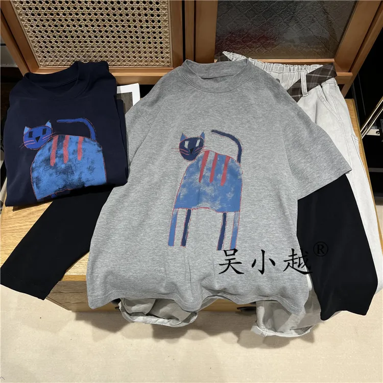 吴小越w1613男童打底衫秋款韩版拼接假两件数码印花云朵绒t恤