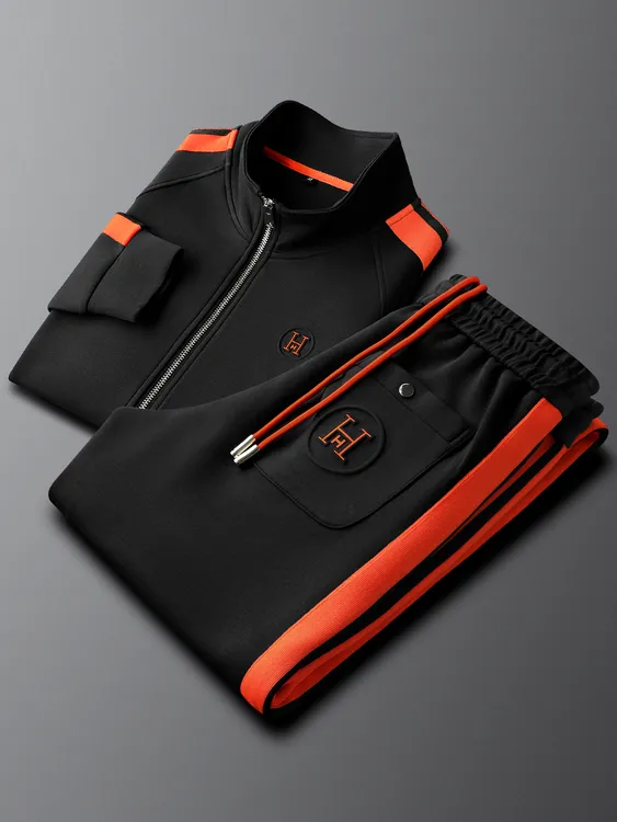 2025新款春秋季休闲运动套装男修身时尚拼接开衫外套直筒裤两件套