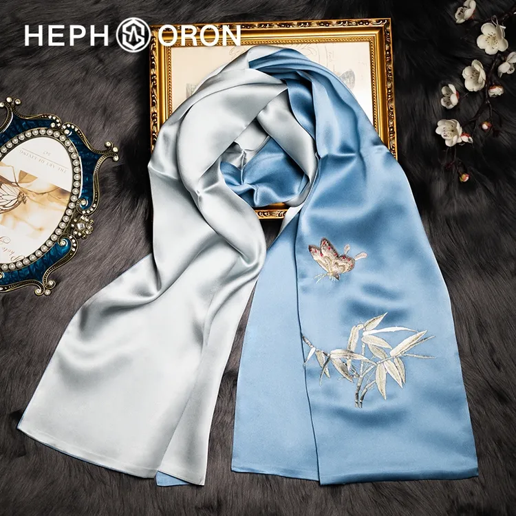HEPHSORON苏绣丝巾礼盒送长辈蓝色刺绣披肩百搭桑蚕丝真丝围巾