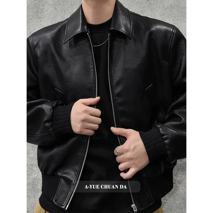 AYUE秋季新款潮流美式复古廓形翻领百搭机车皮衣夹克外套