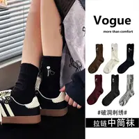 【拉链袜/2双装】新款欧货破洞袜子重工刺绣袜子女袜中筒袜网红潮袜