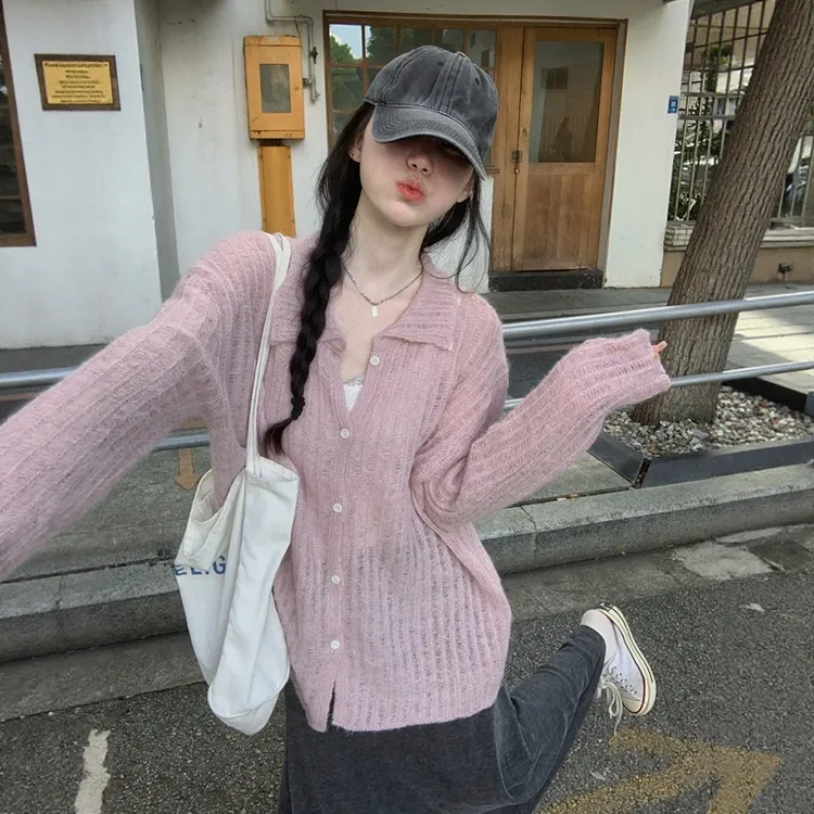 秋季女装温柔风薄款上衣宽松Polo领镂空针织开衫长袖软糯毛衣外套