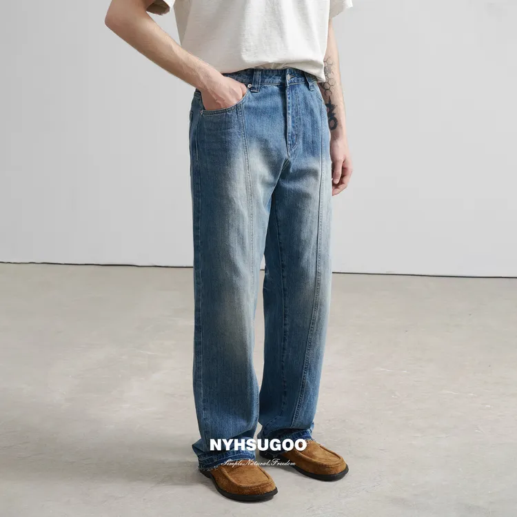 NYHSUGOO/南乙3588夏季男士喷马骝竹节棉牛仔裤设计款染色磨损