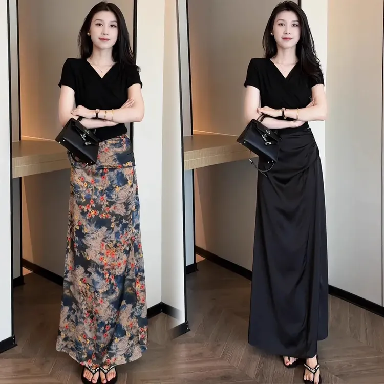 时尚套装裙女2025夏季新款洋气减龄显瘦V领短袖印花半身裙两件套