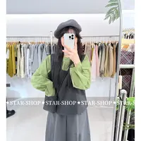 ｛抹茶黑巧｝后背单排扣马甲搭配圆领衬衫和包包三件套