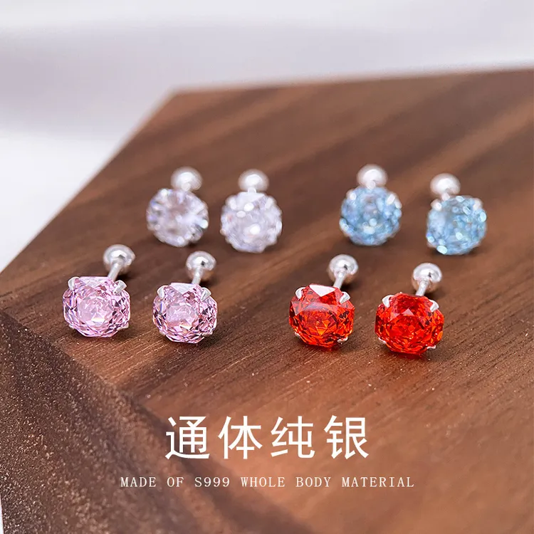 足银合成锆石耳饰 足银999彩色多款可选螺丝纹耳钉