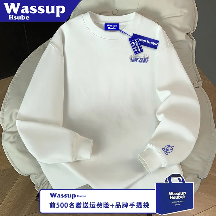 WASSUP HSUBE潮流宽松美式长袖秋冬趣味火花百搭休闲印花情侣上衣