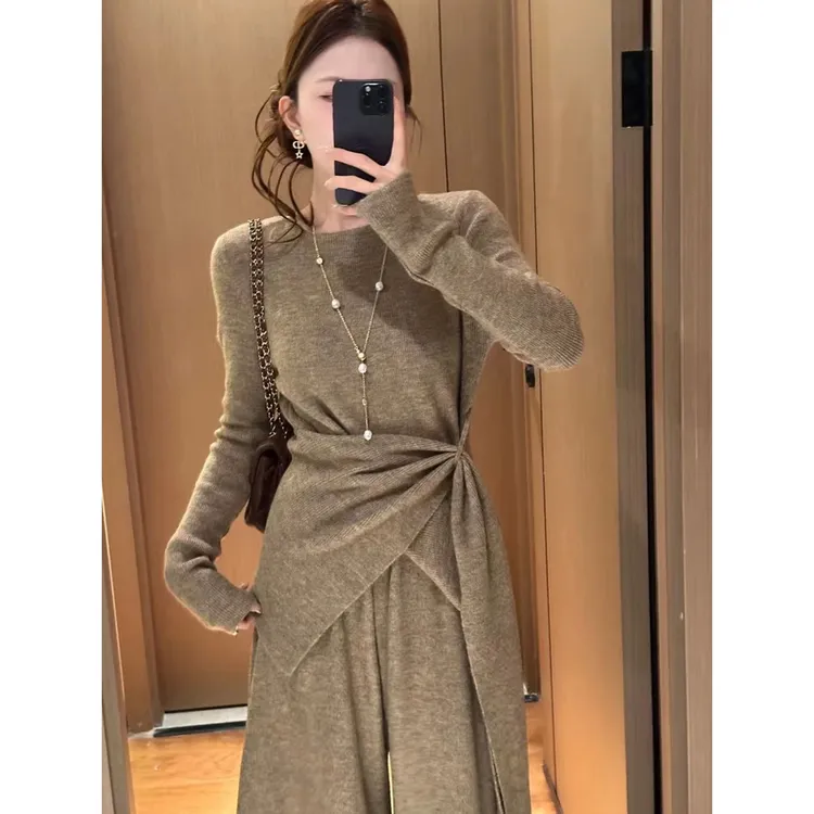 韩系一整套深冬穿搭高级感针织衫休闲阔腿裤两件套装女秋冬季新款