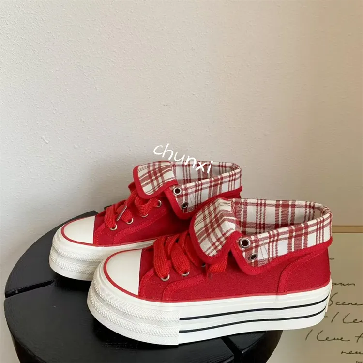 2025新款时尚厚底红色格子小众ins潮设计休闲百搭厚底折叠帆布鞋