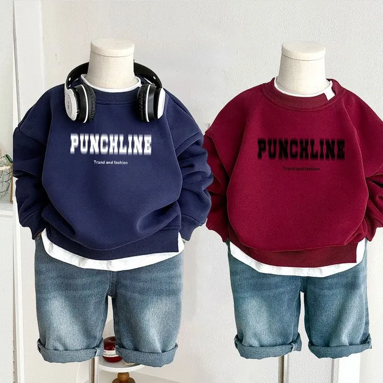 中大童儿童卫衣春秋款字母假两件春季男童卫衣运动加绒圆领外穿潮