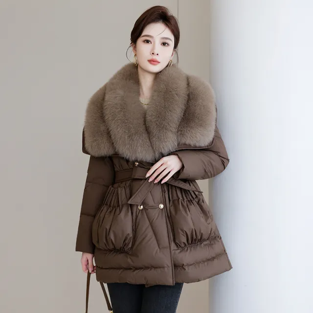 高级鹅绒羽绒服女中长款2024新款系带进口整皮狐狸毛领皮草外套潮