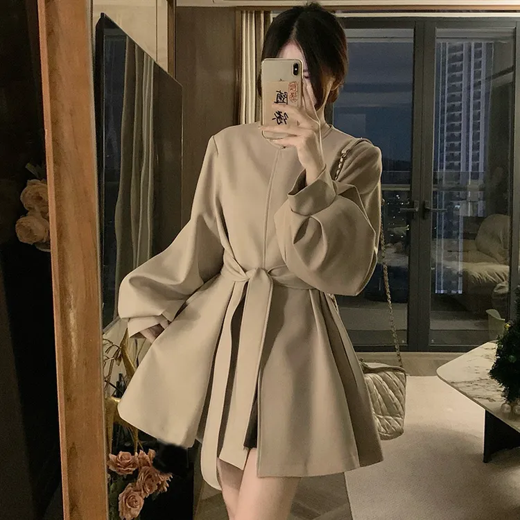 秋款圆领系带风衣外套女中长款2025秋季新款大衣风衣外套女潮