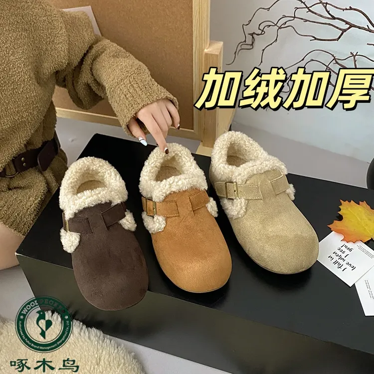 啄木鸟加绒一脚蹬真皮勃肯鞋2025百搭复古扣带懒人勃肯鞋26962