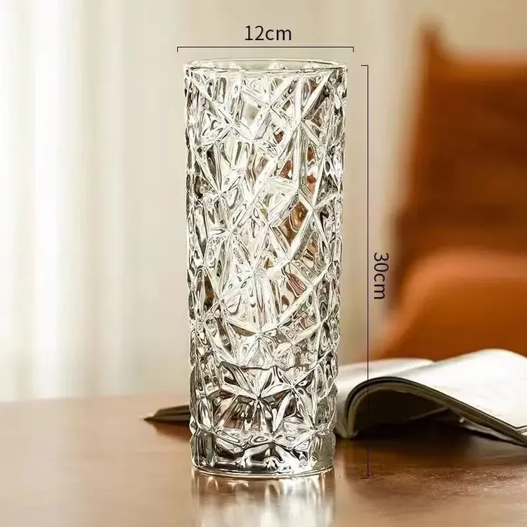 【29cm高洛神玻璃花瓶冰草纹】水养富贵竹玫瑰百合客厅插花摆件E434