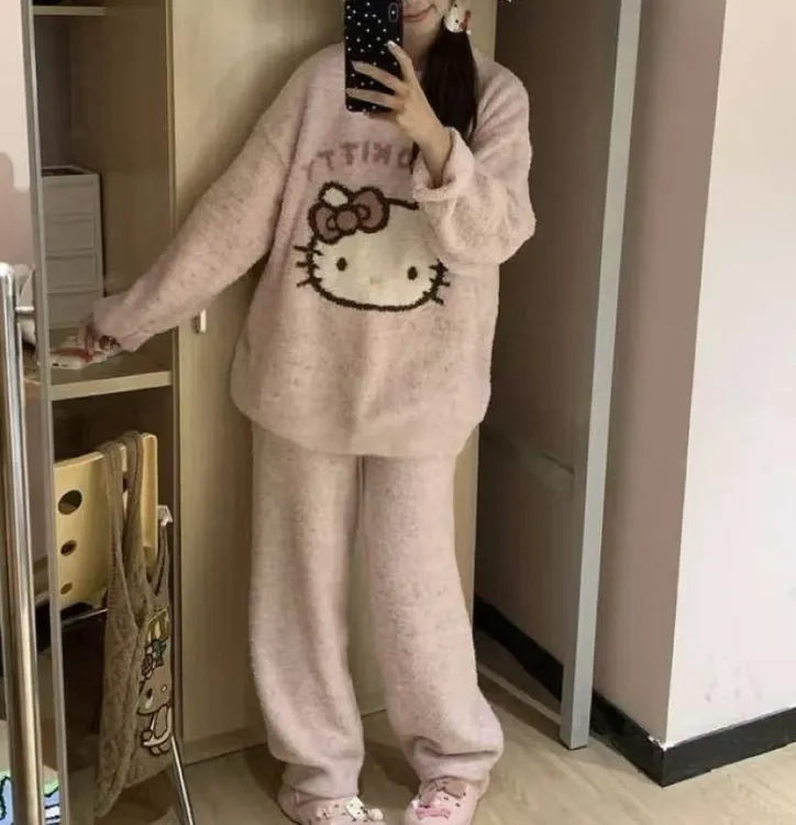 VINEEMAN【粉绒KT】少女可爱半边绒睡衣女士冬季加厚保暖家居服套装