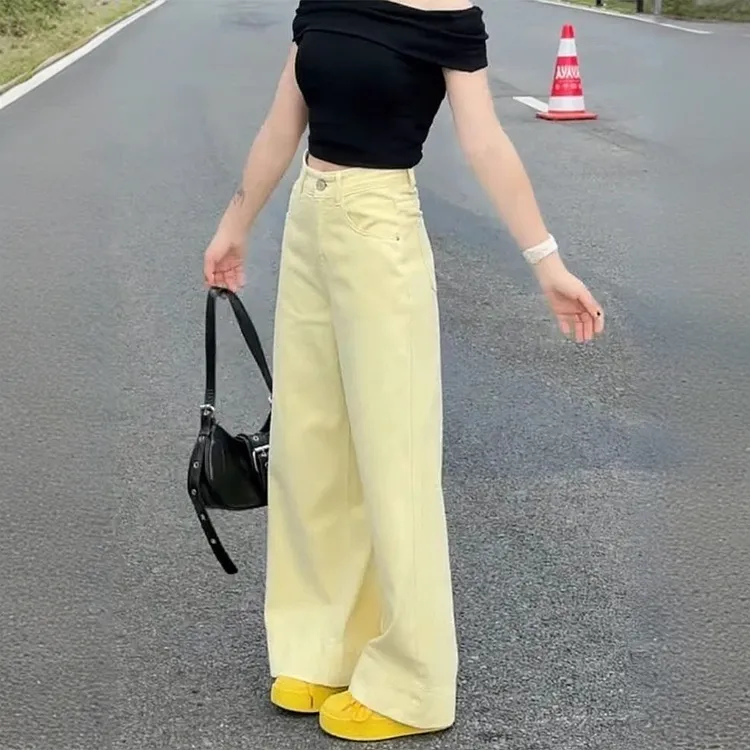 欧货多巴胺黄色阔腿牛仔裤女夏季新款大码胖mm高腰宽松显瘦直筒裤