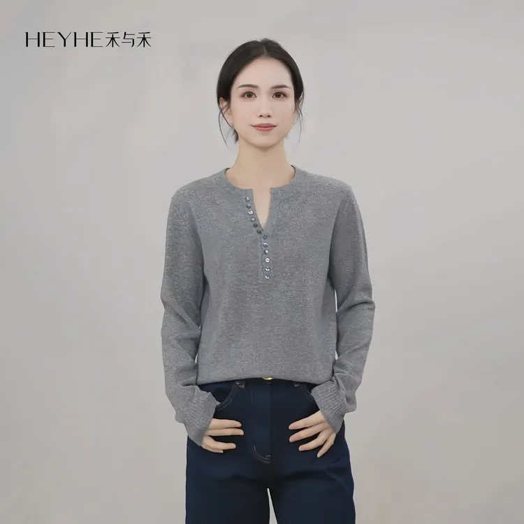 小禾【恋人】MORO纱线26支100山羊绒半开细扣圆领格雷系极简针织衫