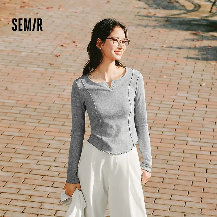 出游季|【商场同款新品】森马长袖T恤女短款纯色修身木耳边上衣