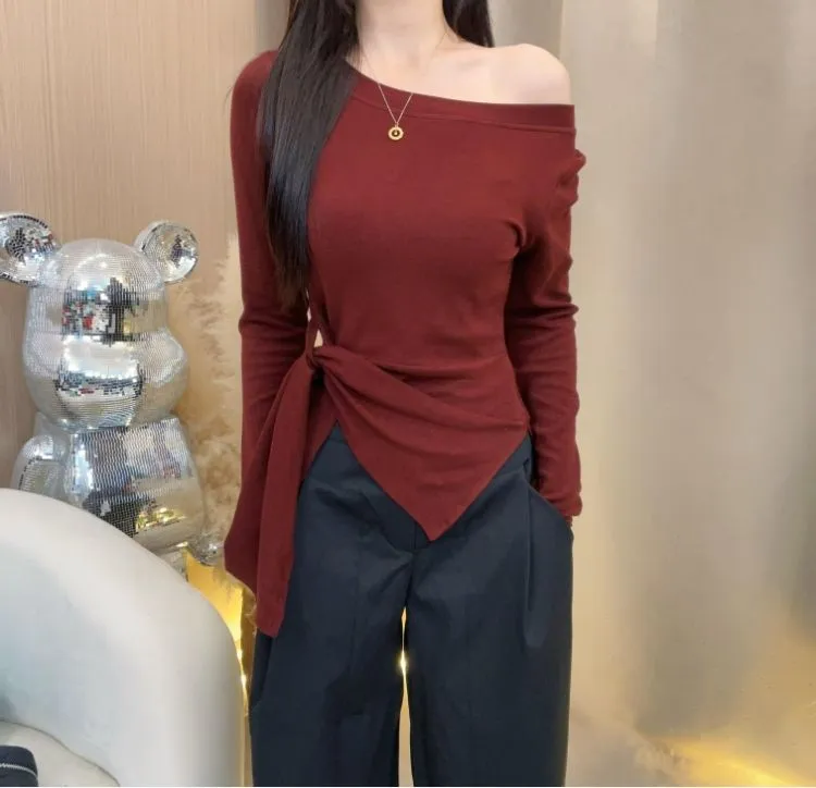 韩系下摆不规则开叉收腰设计感长袖T恤女2025显瘦百搭斜肩上衣