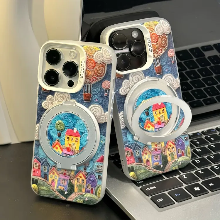 梵高手绘小镇适用苹果16promax旋转支架手机壳华为vivo小米15oppo