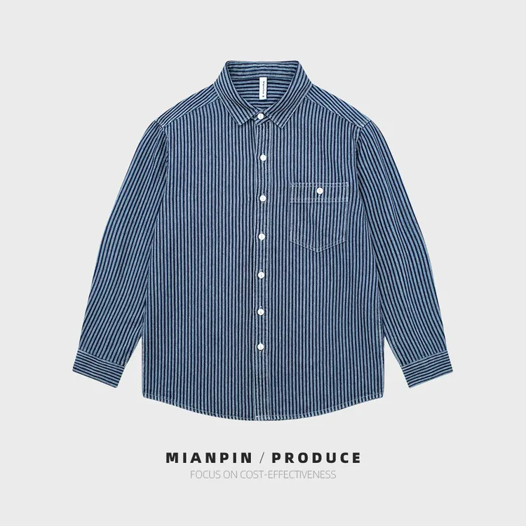 复古男士牛仔长袖衬衫美式休闲竖条纹纯棉水洗衬衣翻领上衣潮外套