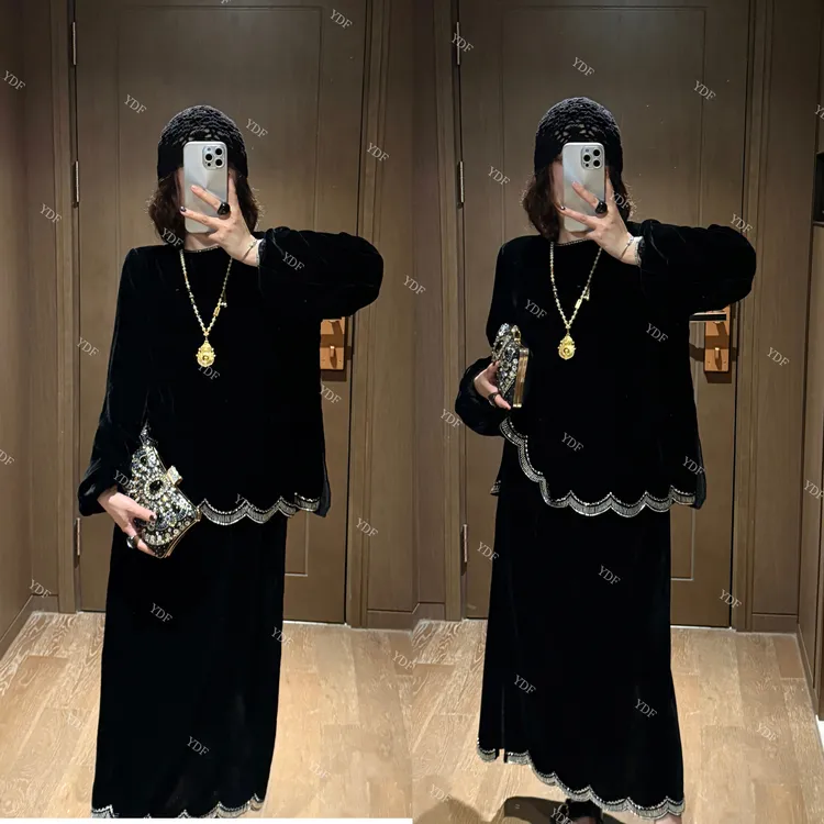 YDFSTUDIO小众【星光夜澜】欧货早秋丝绒拼接设计上衣+半身裙套装