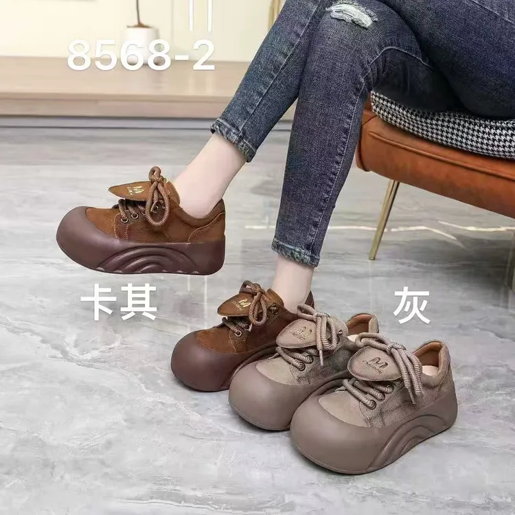 休闲常规秋季增高休闲板鞋单鞋软底舒适牛巴皮女鞋松糕底