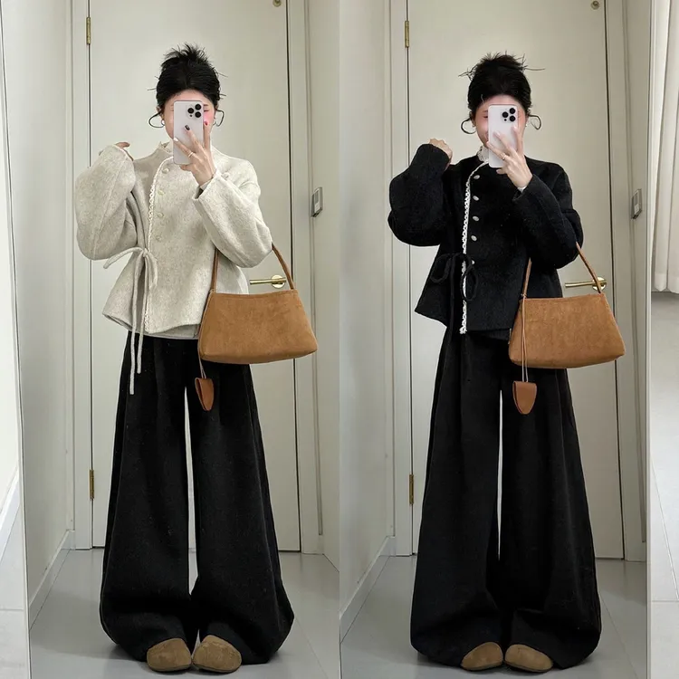 冬季穿搭套装女大码胖蕾丝毛呢外套阔腿裤韩系复古巨好看一整套