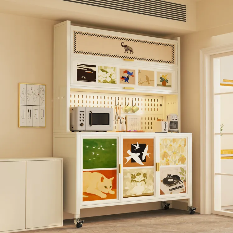 【新款超能装】厨房置物架中古风防尘餐边储物柜落地多层微波炉橱柜