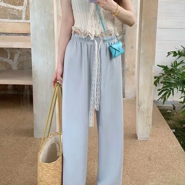 慵懒风蕾丝绑带休闲裤女春季高腰垂感显瘦直筒裤子宽松阔腿裤长裤