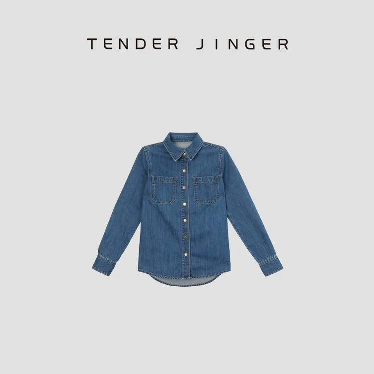 Tender Jinger【专柜】设计师翻领口袋长袖复古蓝牛仔衬衫T43RM994R
