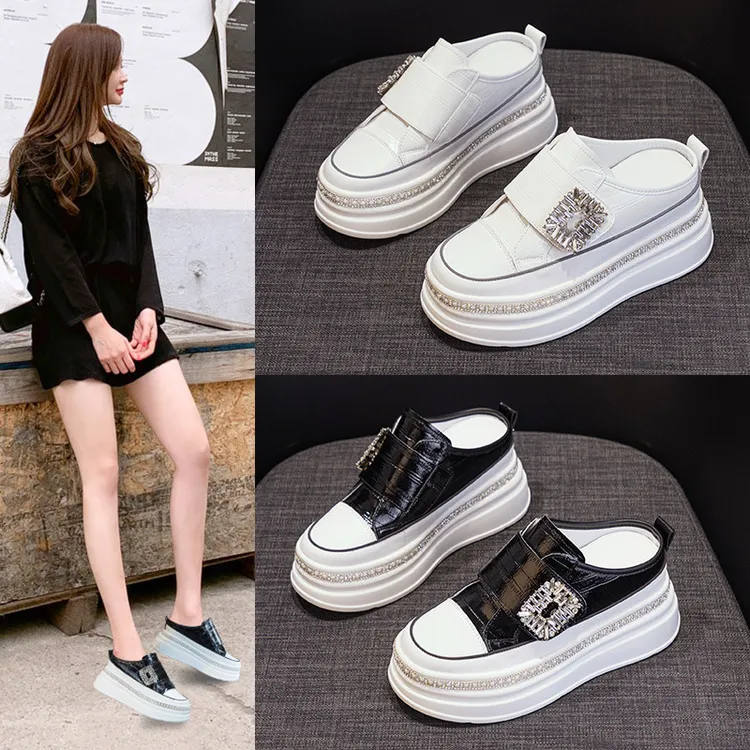 小白鞋女厚底2025春季新款厚底松糕鞋内增高女鞋小码包半拖鞋女