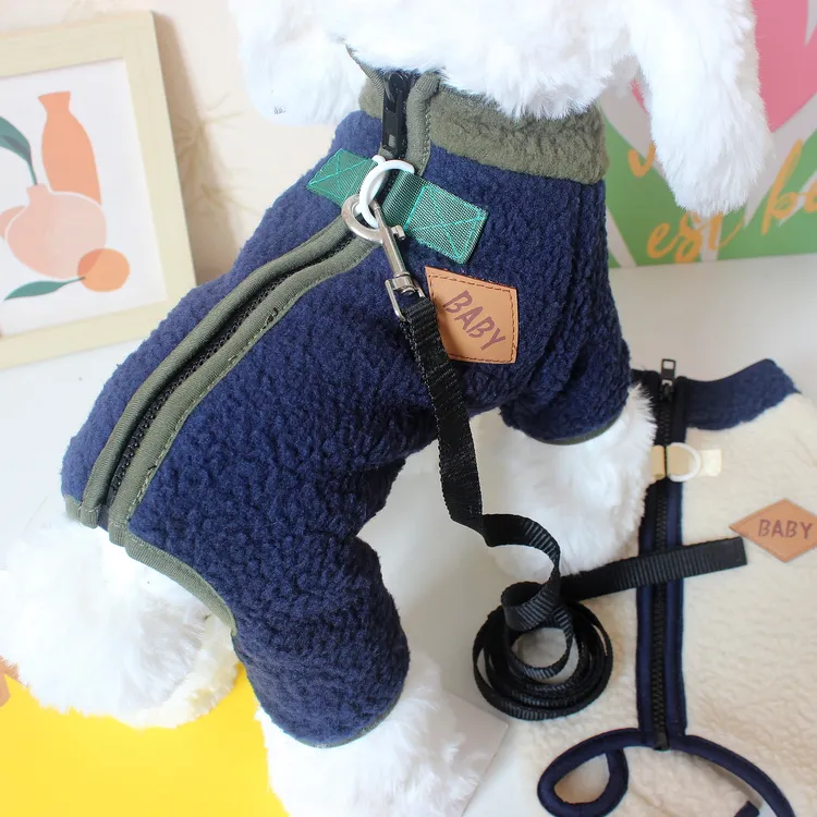 背扣拉链宠物泰迪比熊小型犬狗狗衣服四脚春秋冬天装带牵引环绒衣