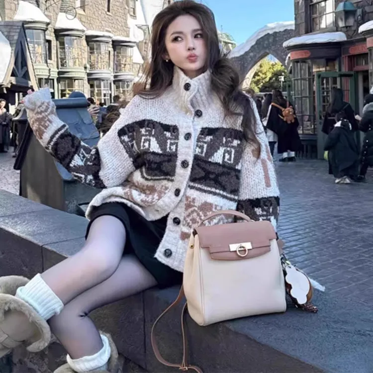复古高领费尔岛花纹理撞色针织开衫毛衣女翻领纽扣圈圈纱慵懒外套