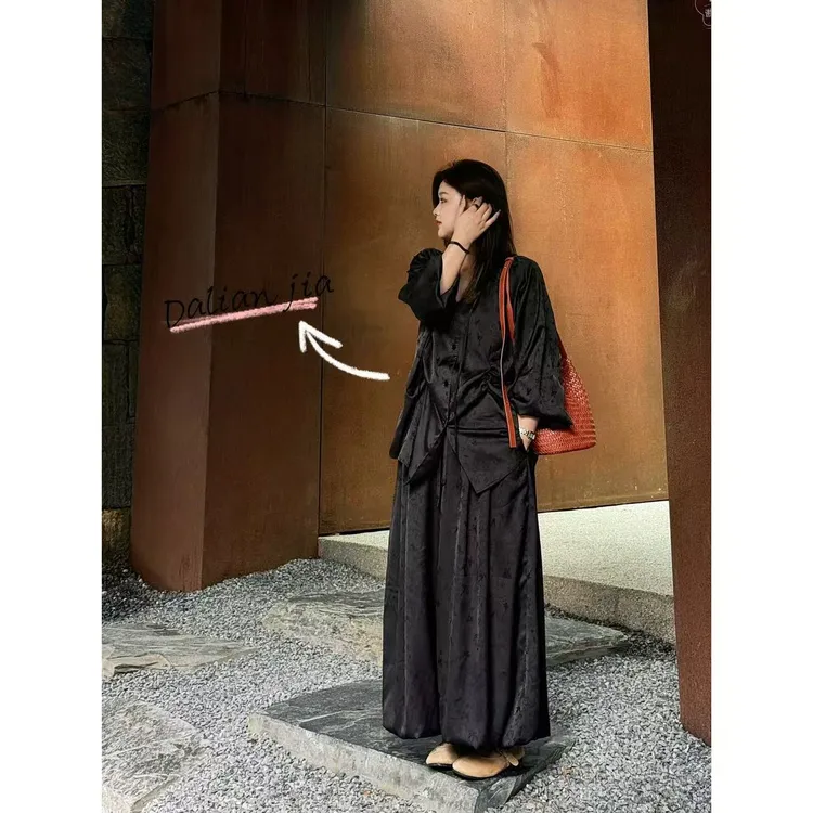 晶咕佳佳【芳华漫】设计感长袖V领上衣+全松紧新中式简约阔腿长裤