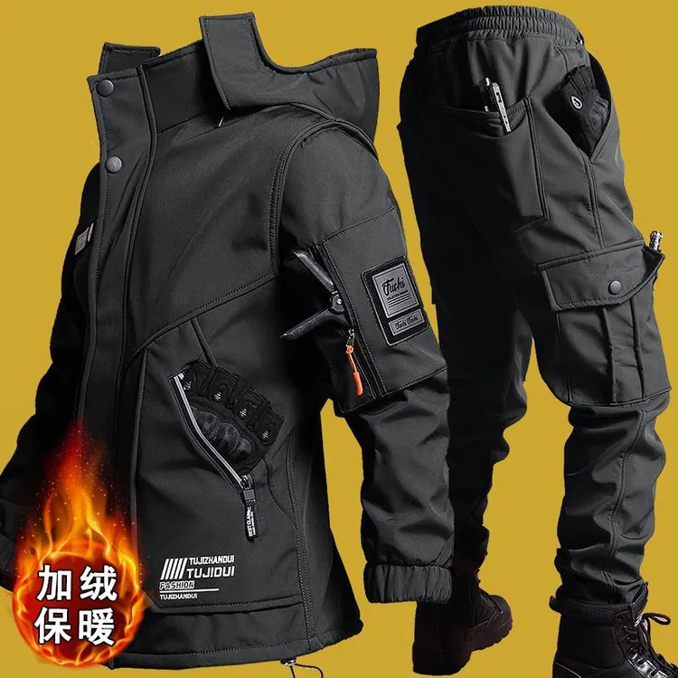 德国户外软壳冲锋衣套装男加绒加厚工作服防水防风钓鱼骑行服保暖