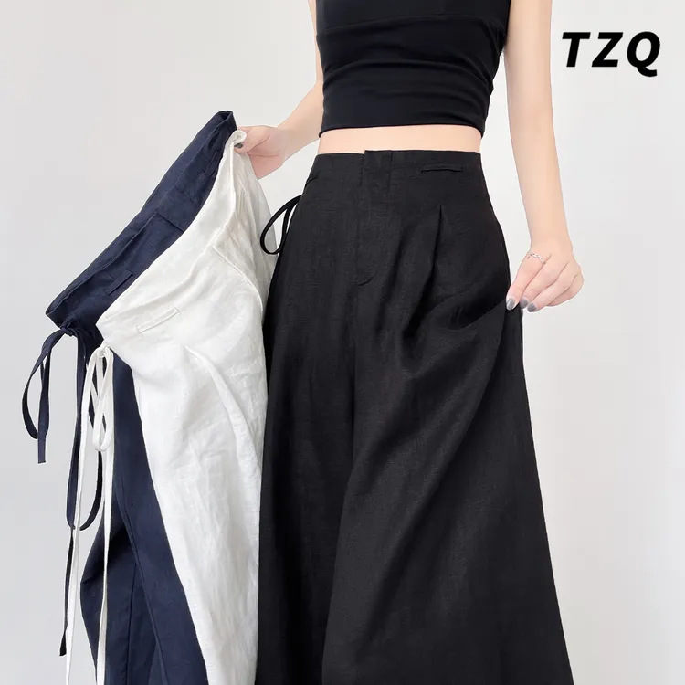 冰冰凉亚麻西装裤女夏薄款高腰垂感梨形身材拖地阔腿裤TZQ2560727