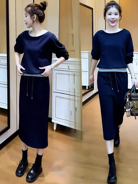 时尚套装裙女2025秋季新款洋气显瘦假两件拼接卫衣半身裙两件套潮