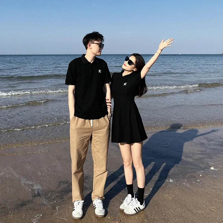 韩气修身连衣裙情侣短袖polo领一衣一裙2025夏季新款简约气质上衣