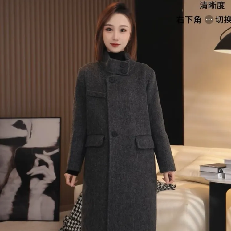 8018小个子专属【骆驼绒&桑蚕丝】秋冬羊毛大衣女士长款高领外套