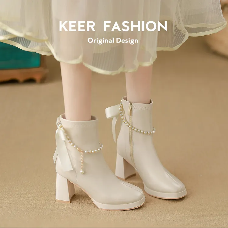 真皮高跟马丁靴女2025新款珍珠厚底防水台粗跟短靴白色瘦瘦靴婚鞋