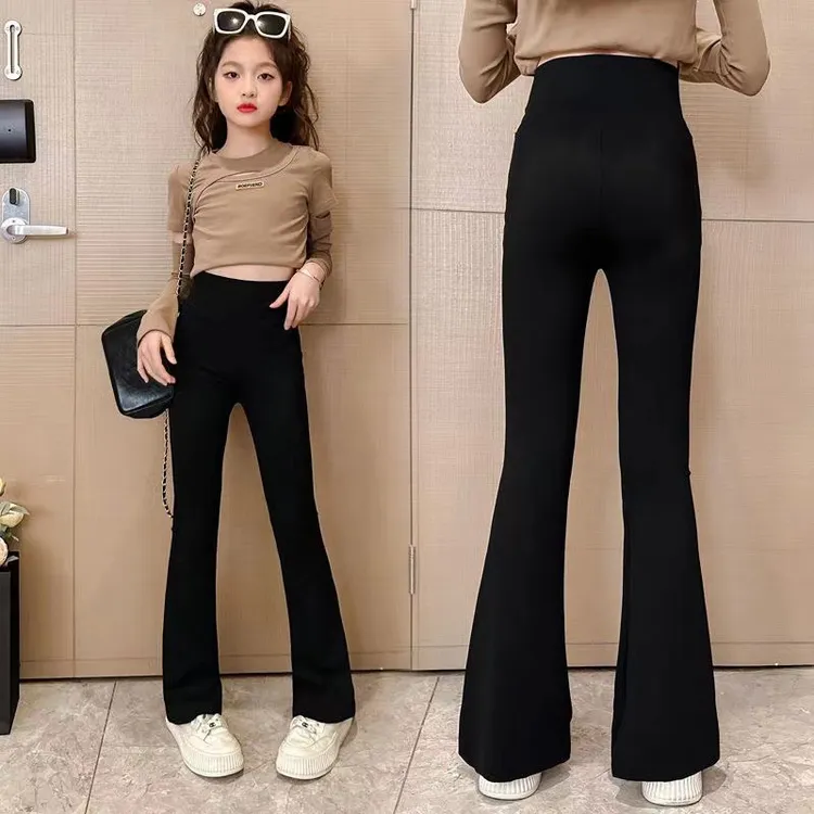女童裤子春秋2025新款儿童瑜伽裤春季微喇鲨鱼裤女大童黑色喇叭裤