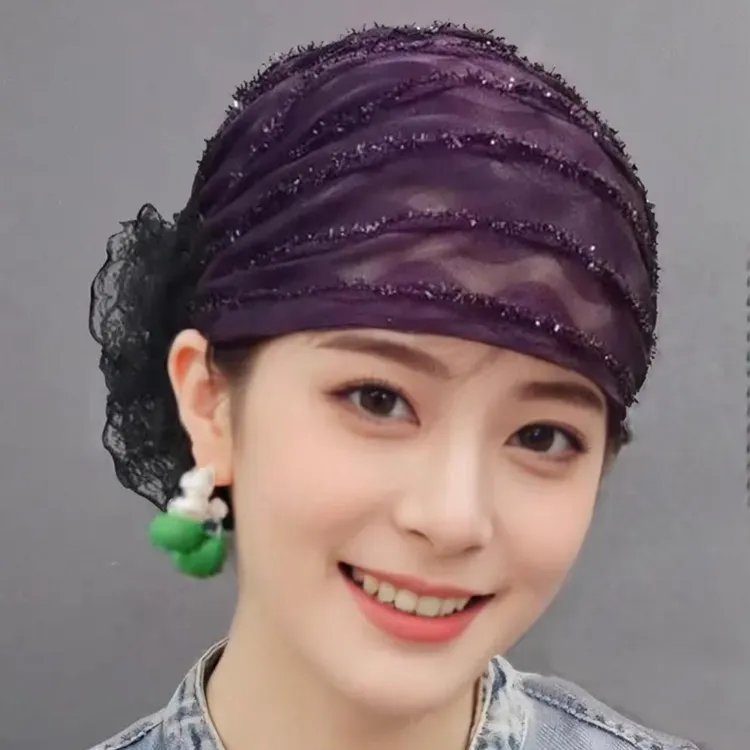 夏季新款透气网纱波浪纹包头帽遮白发收碎发薄款蕾丝发带帽妈妈帽