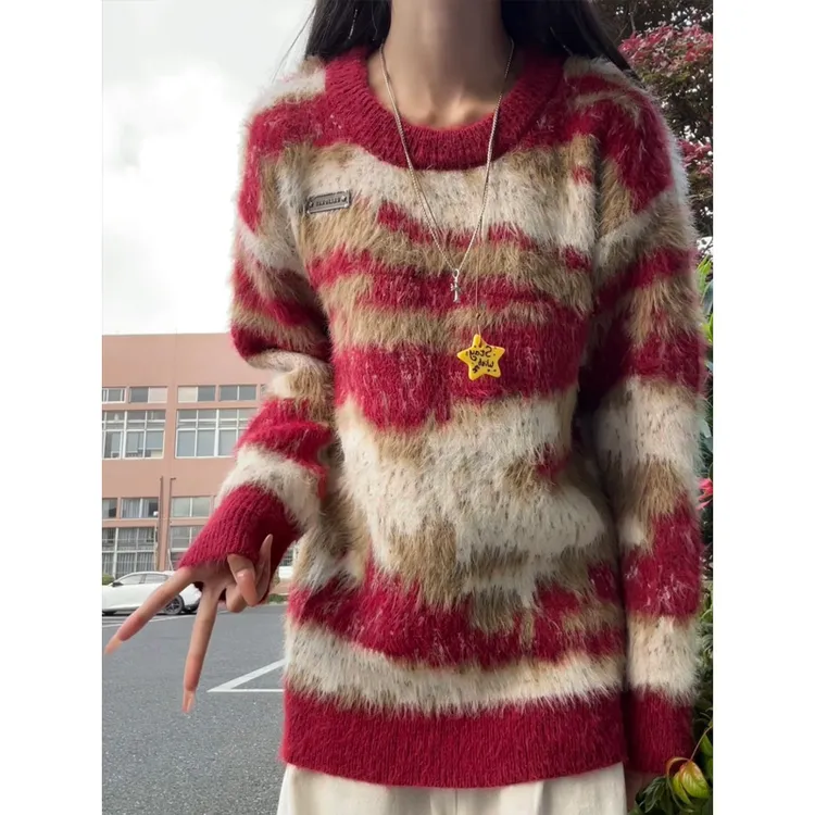 红色马海毛圣诞毛衣男秋冬高级感撞色针织衫美式复古vintage线衣