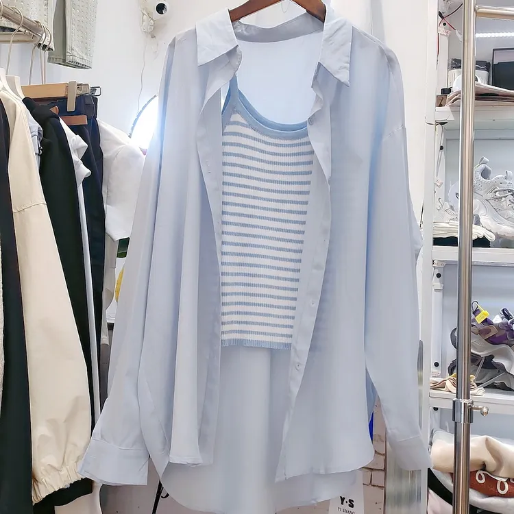 2025春夏季极简风条纹圆领吊带背心女外搭宽松衬衫两件套防晒开衫