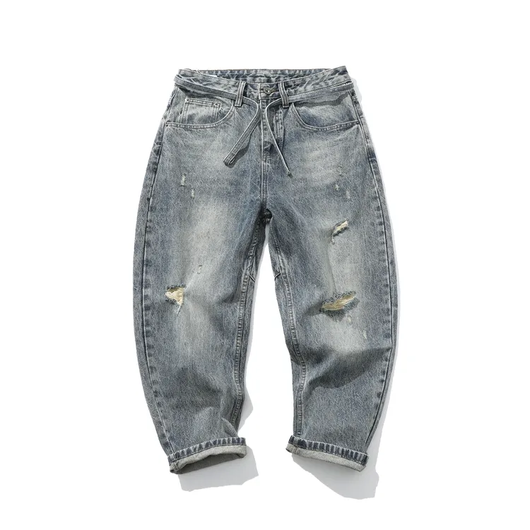美式潮牌重磅工装水洗弯刀男女同款牛仔裤